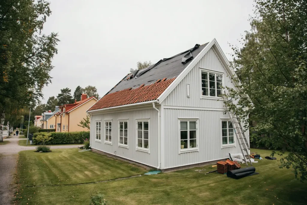 takoml ggning med underlagspapp p villa i k rsta